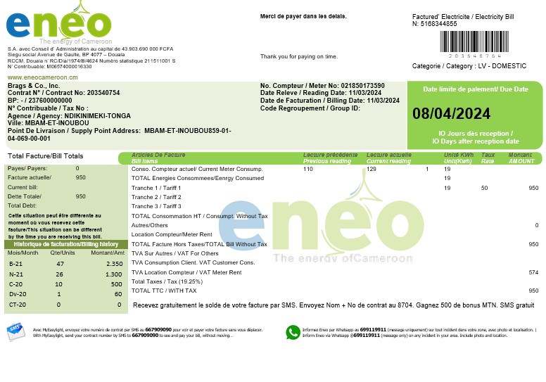 Cameroon ENEO electricity business utility bill template in Word PSD template